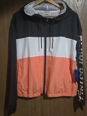 NWT - Aeropostale Colorblock Hooded Windbreaker - Black White Coral
